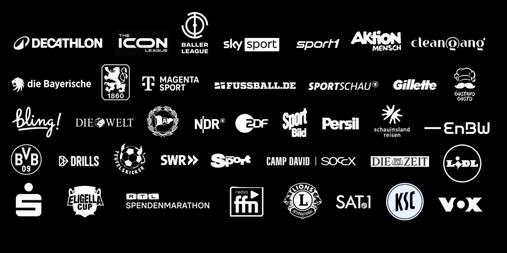 Logos vergangener Kooperationspartner, darunter Decathlon, Sky Sport, ZDF und Lidl